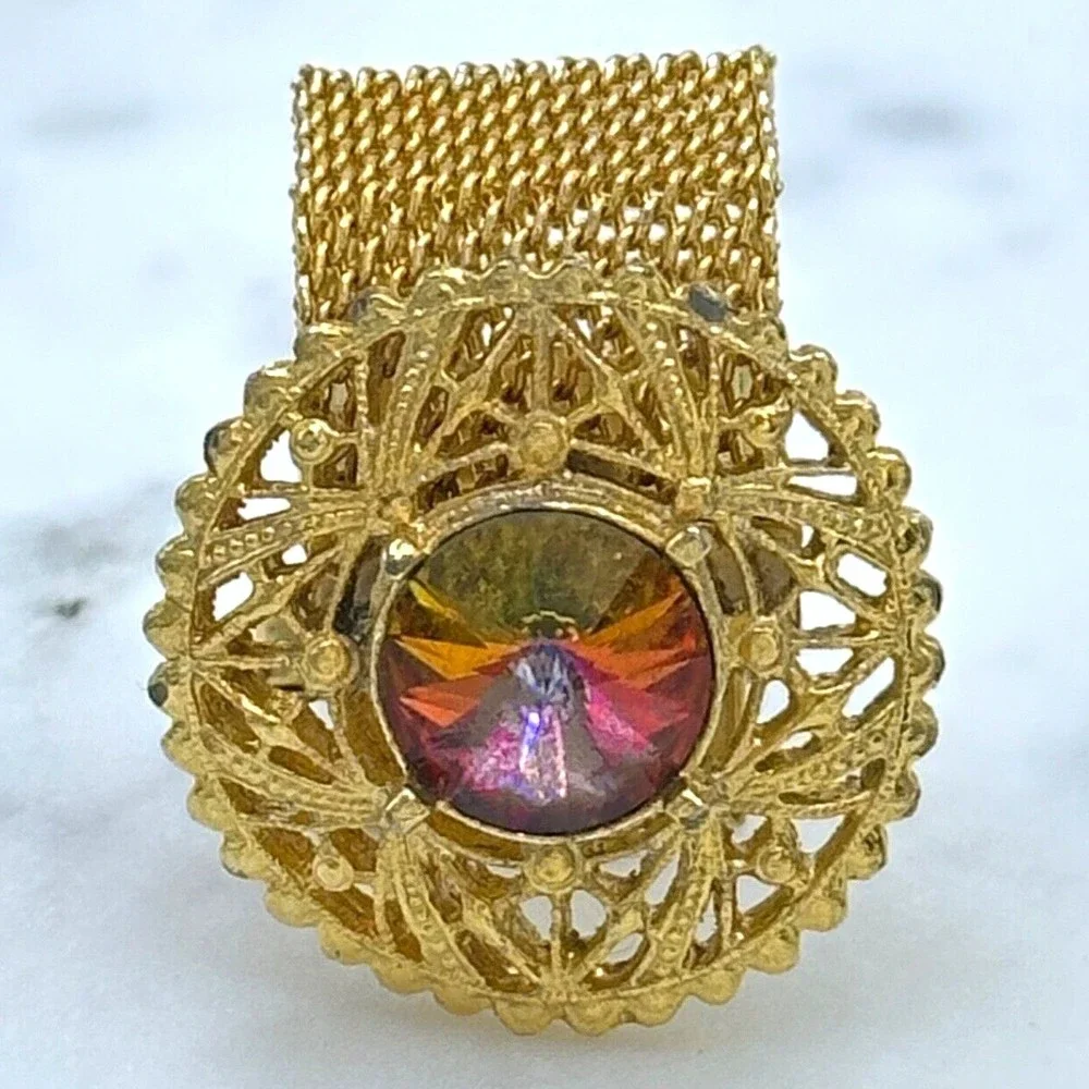 Vintage Round Prismatic Rivoli Gem Gold Tone Mesh Wrap Around Single Cufflink